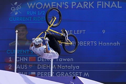 Hannah Roberts performs during BMX freestyle women's park final